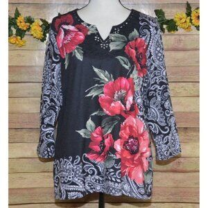 Alfred Dunner Ladies M Knit Top Tunic Black & Red Floral V-Neck Pullover Blouse